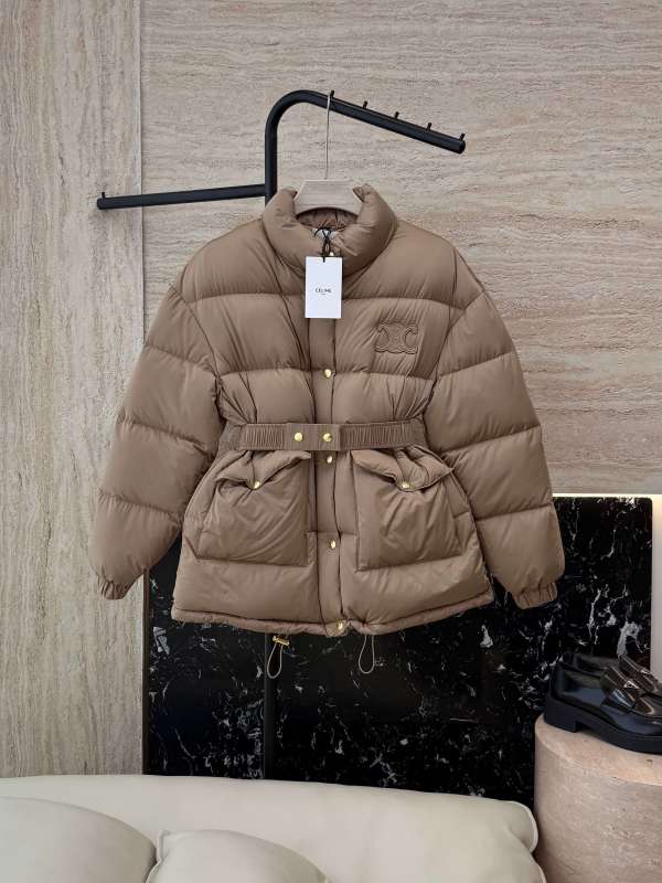 Celine Puffer Jacket with a belted waist in a light brown