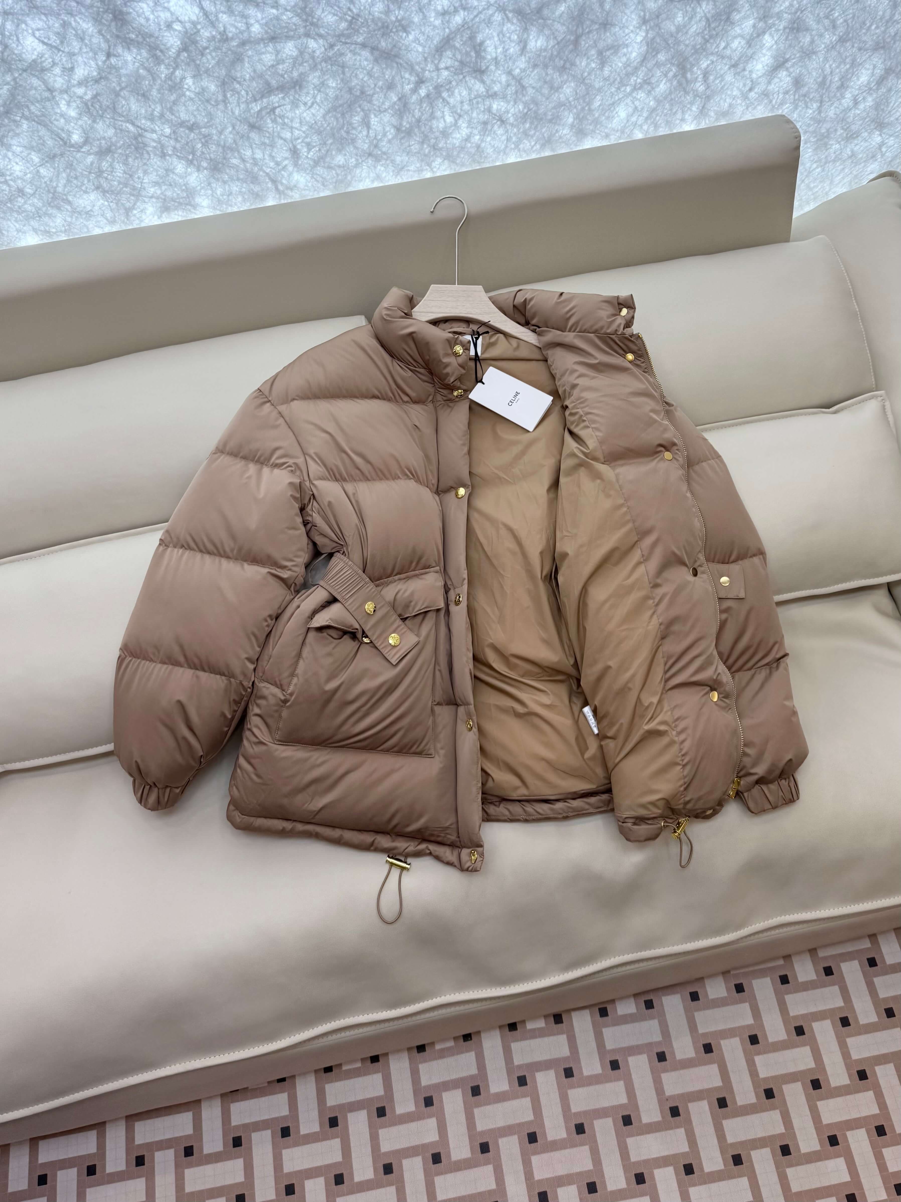 Celine Puffer Jacket with a belted waist in a light brown - Image 5