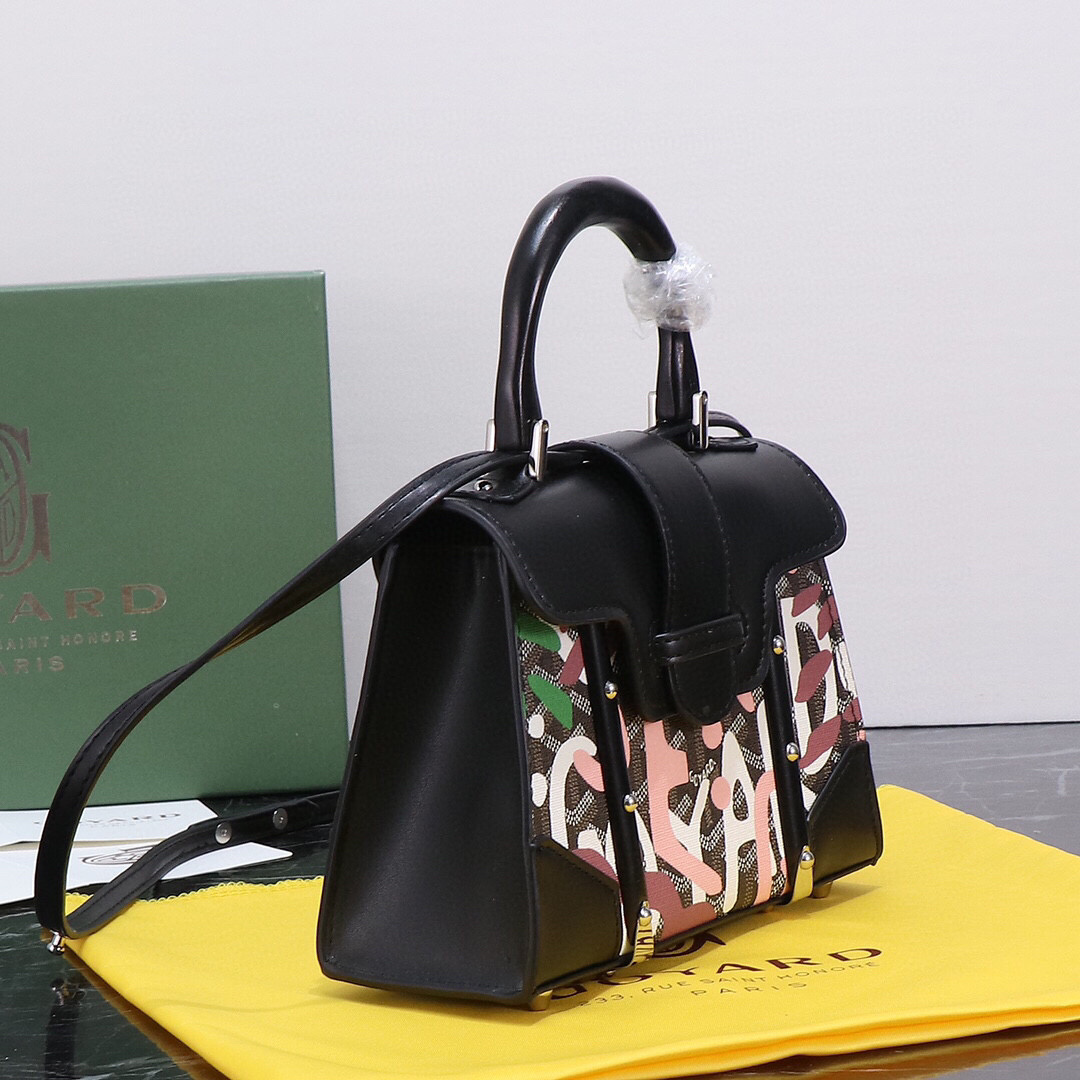 Goyard Saïgon Structuré Mini Bag in Lettres Camouflage-Pink with black leather trim.