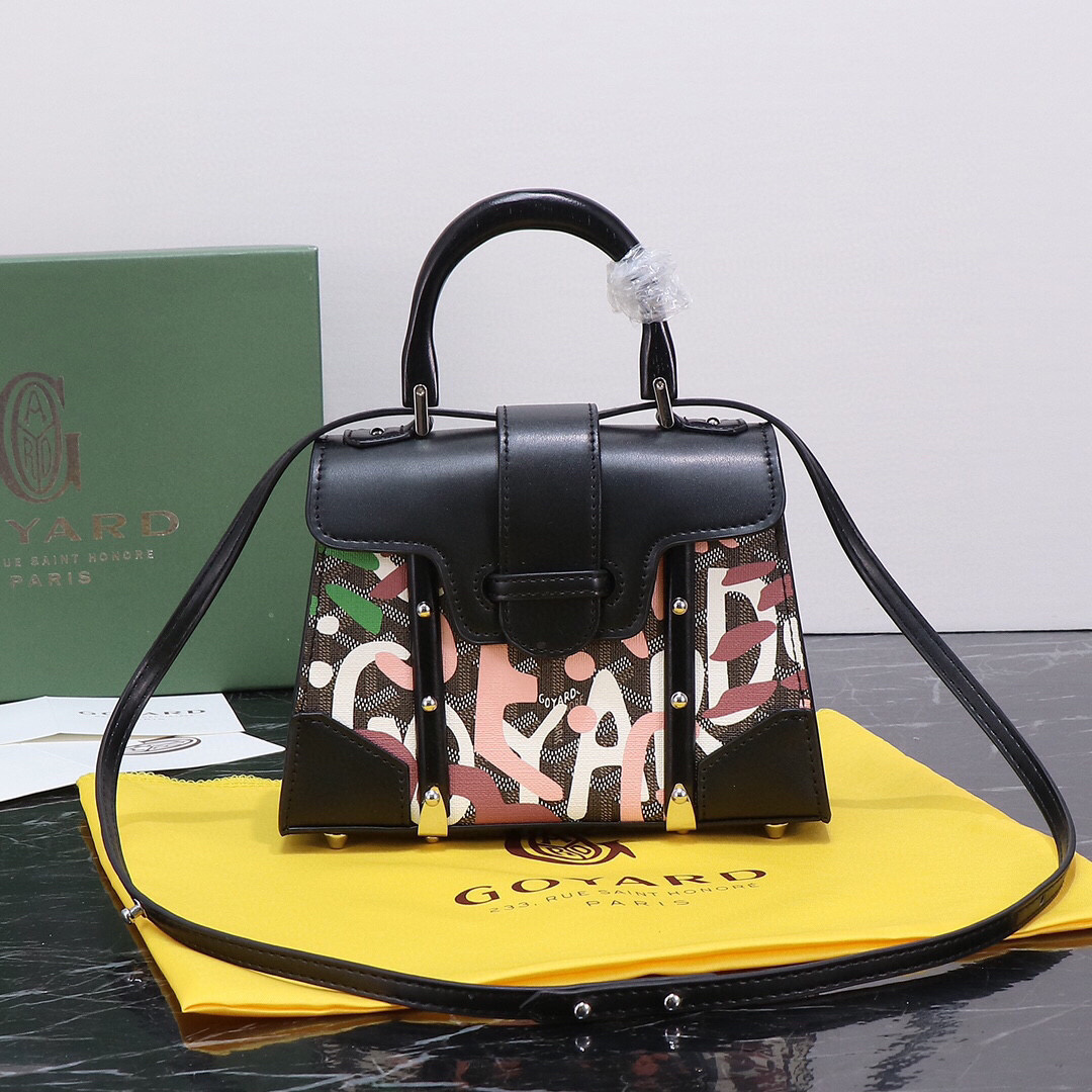 Goyard Saïgon Structuré Mini Bag in Lettres Camouflage-Pink with black leather trim.