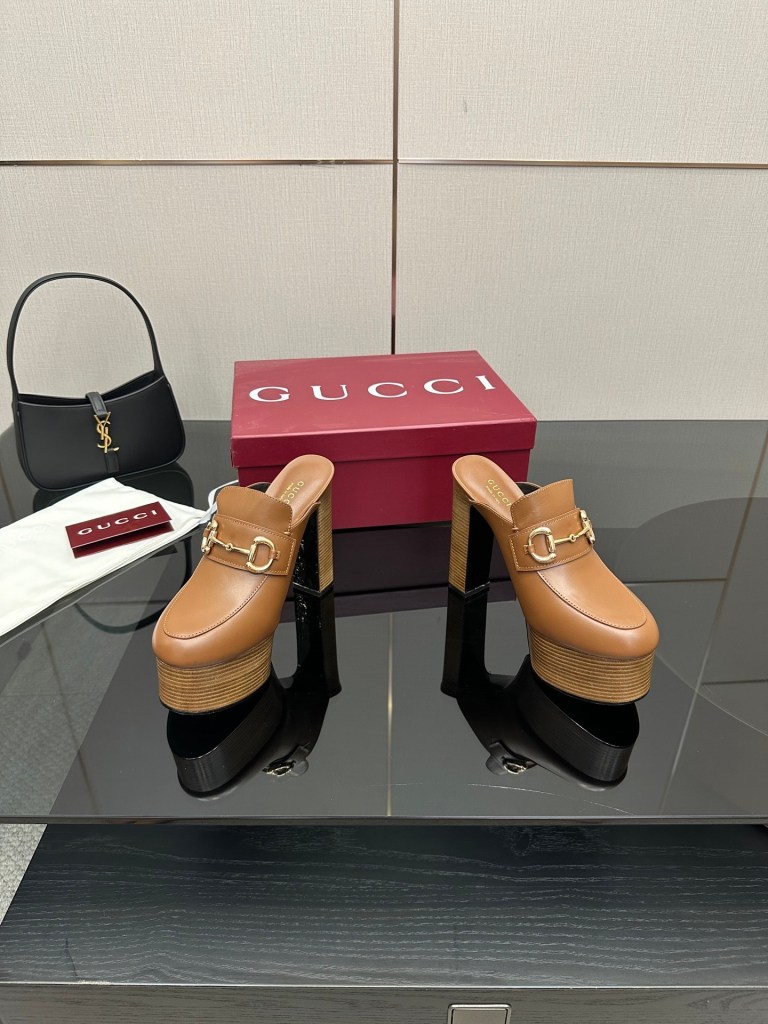Gucci Tan Horsebit Platform Mules