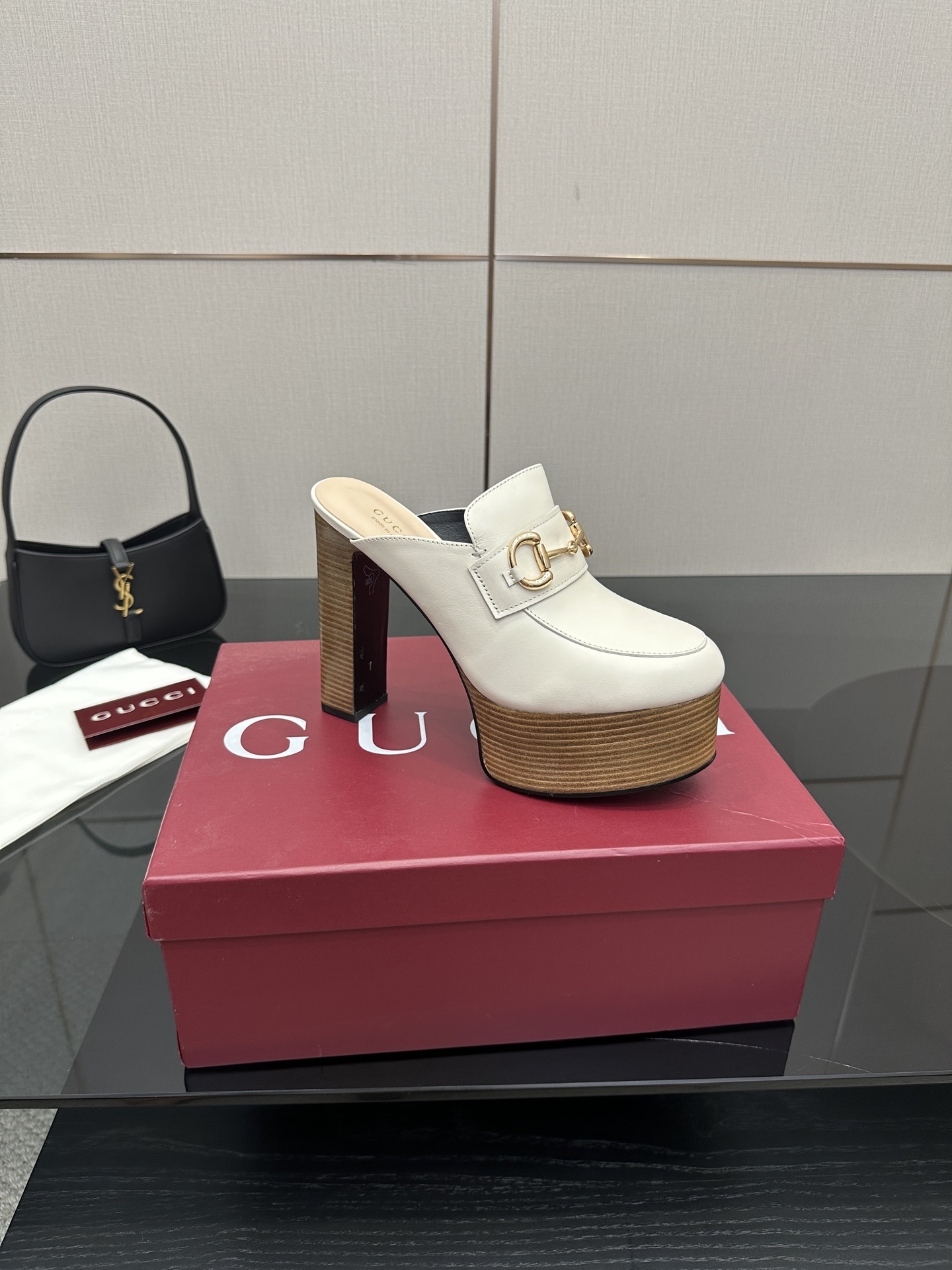 Gucci White Horsebit Platform Leather Mules - Image 3