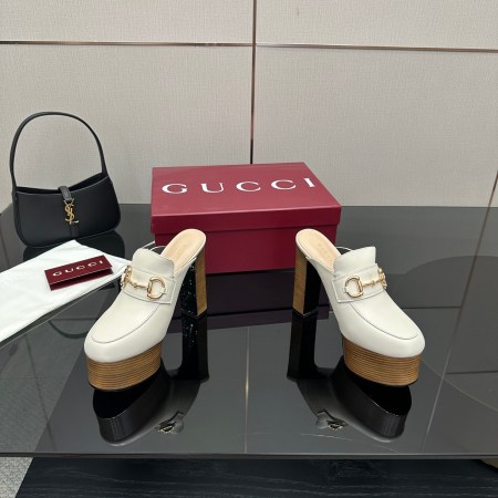Gucci White Horsebit Platform Leather Mules