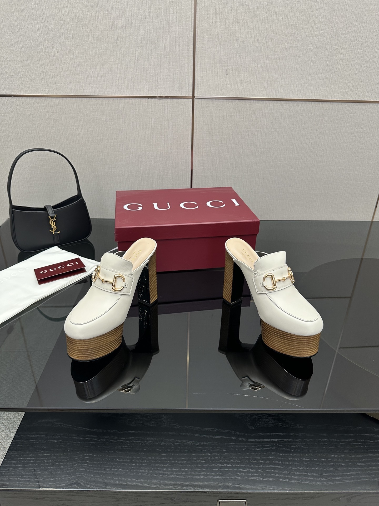 Gucci White Horsebit Platform Leather Mules