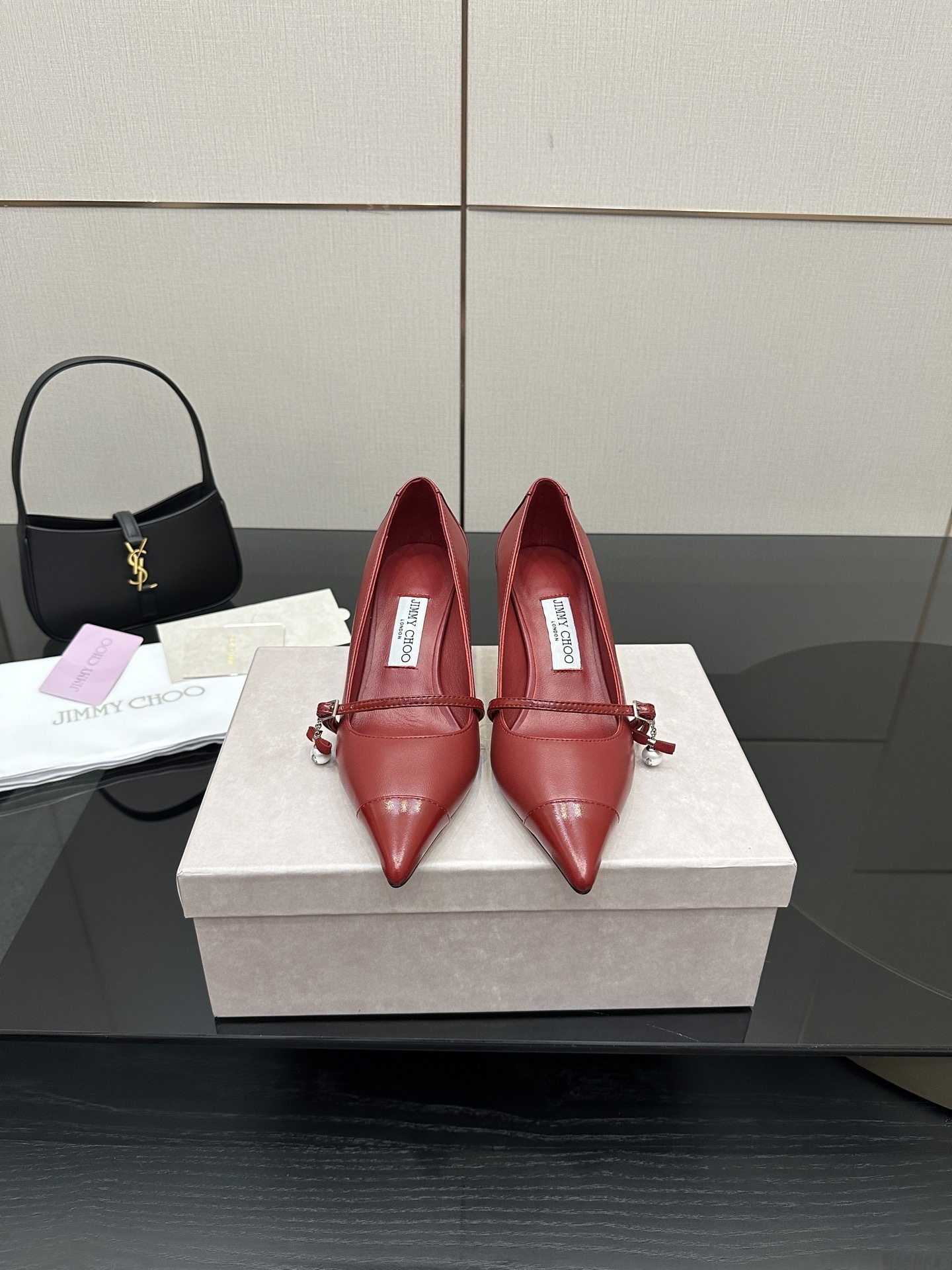 Jimmy Choo Red Leather Mary Jane Pumps with Pearl Charm - Image 2