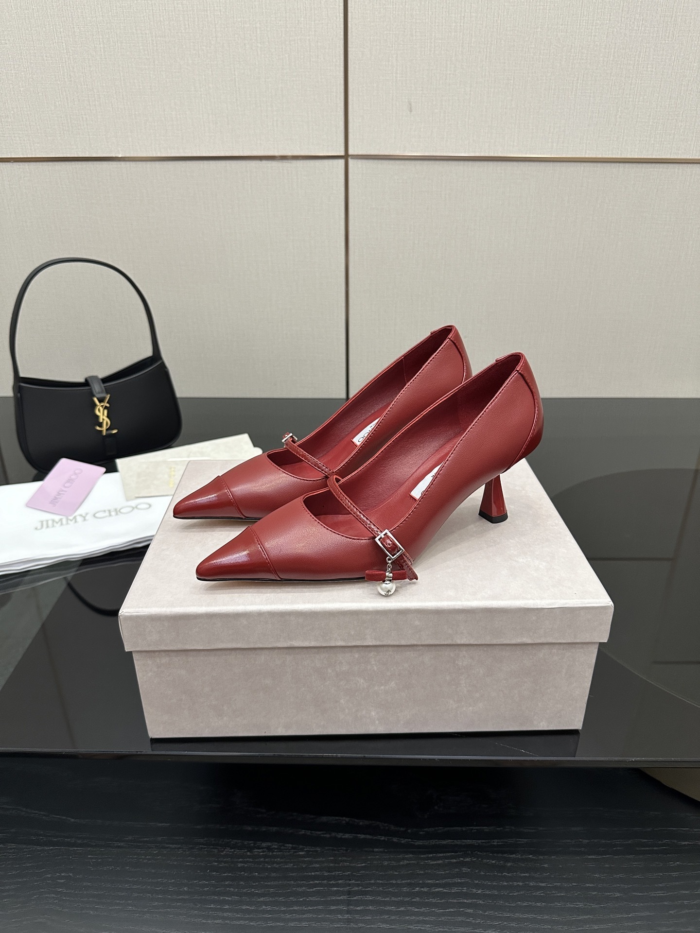 Jimmy Choo Red Leather Mary Jane Pumps with Pearl Charm - Image 3