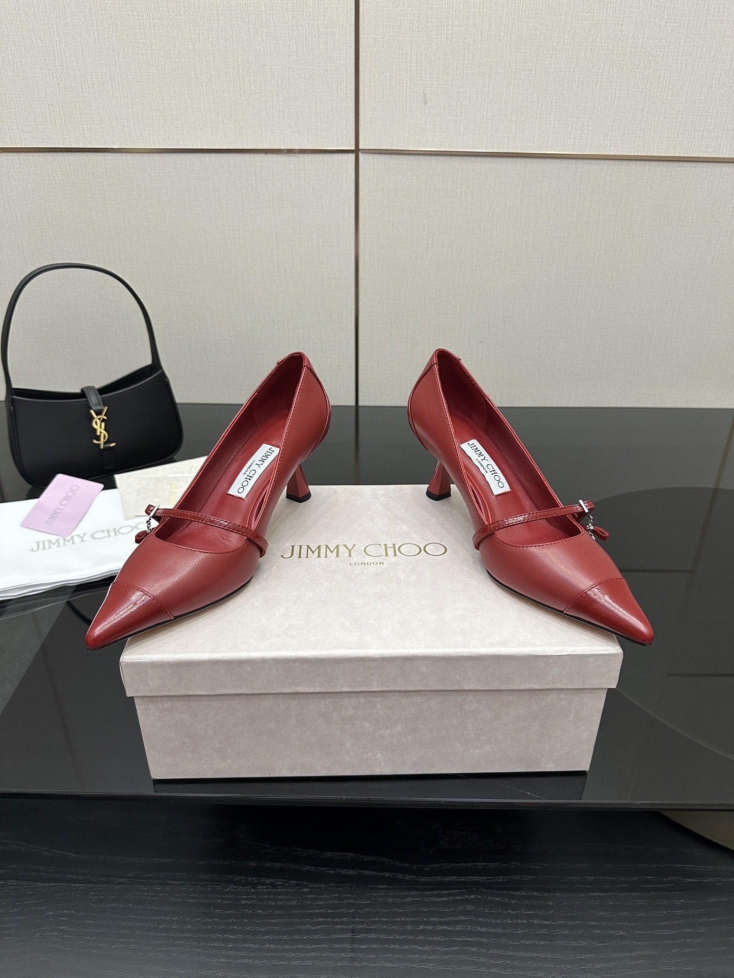 Jimmy Choo Red Leather Mary Jane Pumps with Pearl Charm - Image 5