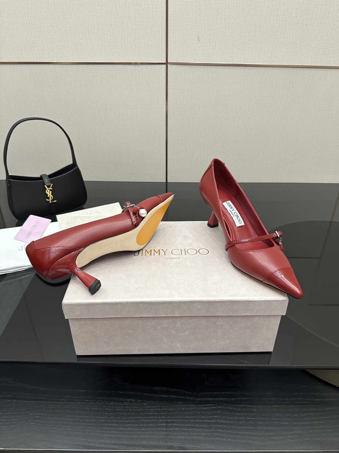 Jimmy Choo Red Leather Mary Jane Pumps with Pearl Charm - Image 6