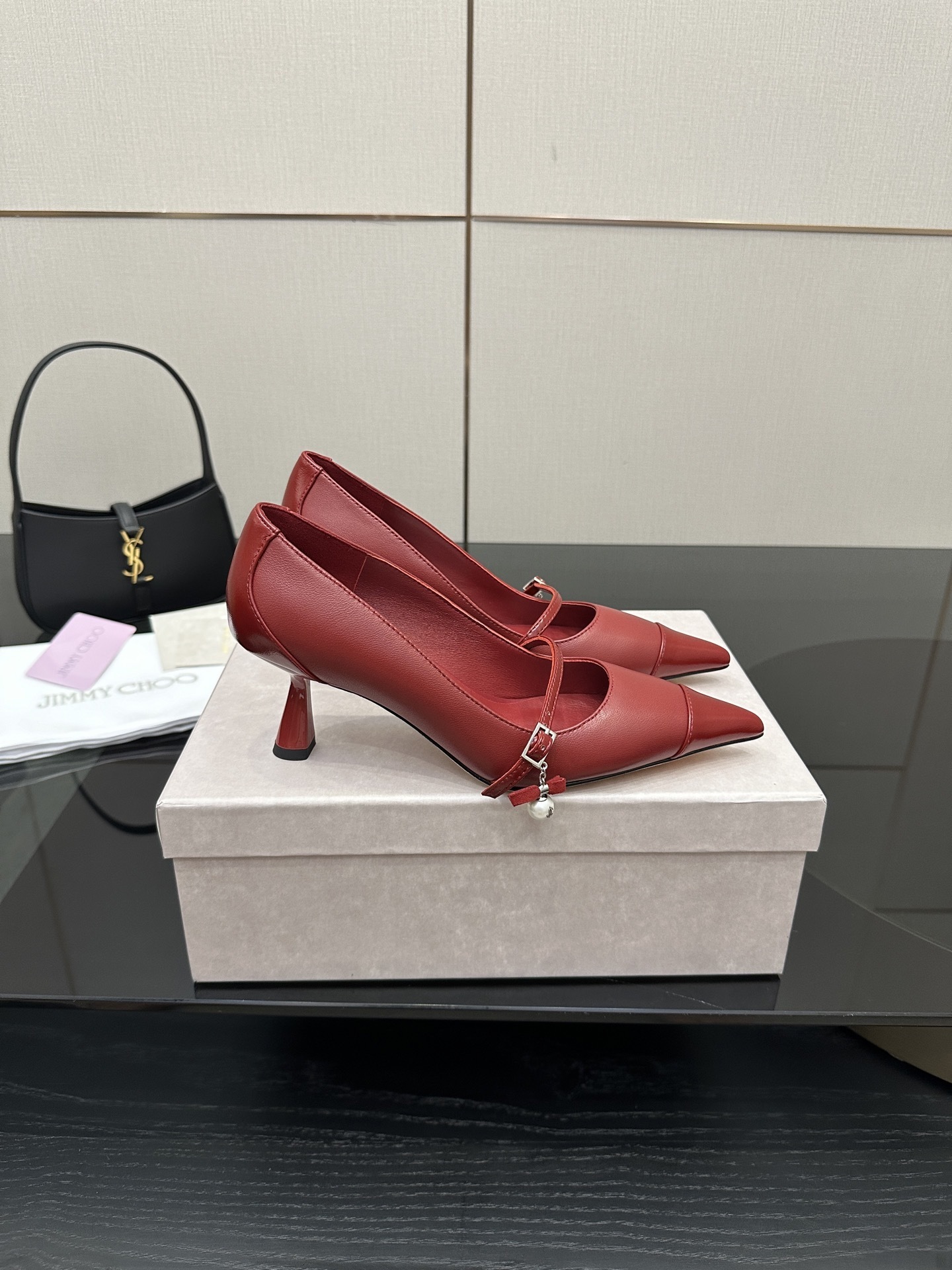 Jimmy Choo Red Leather Mary Jane Pumps with Pearl Charm - Image 7