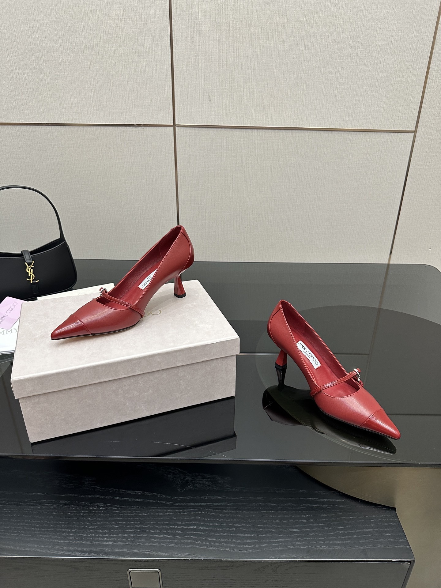 Jimmy Choo Red Leather Mary Jane Pumps with Pearl Charm