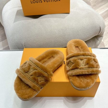 Louis Vuitton Camel Brown LV Easy Mule With Fur Slippers