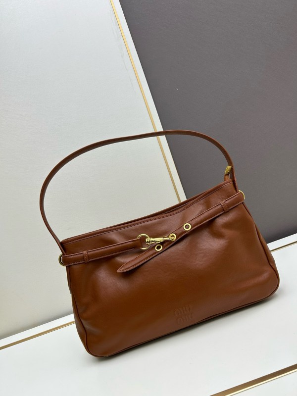 Miu Miu Brown Leather Underarm Shoulder Bag with gold-tone buckle detail, embossed logo, and top zip closure, size 40 x 24 x 5 cm
