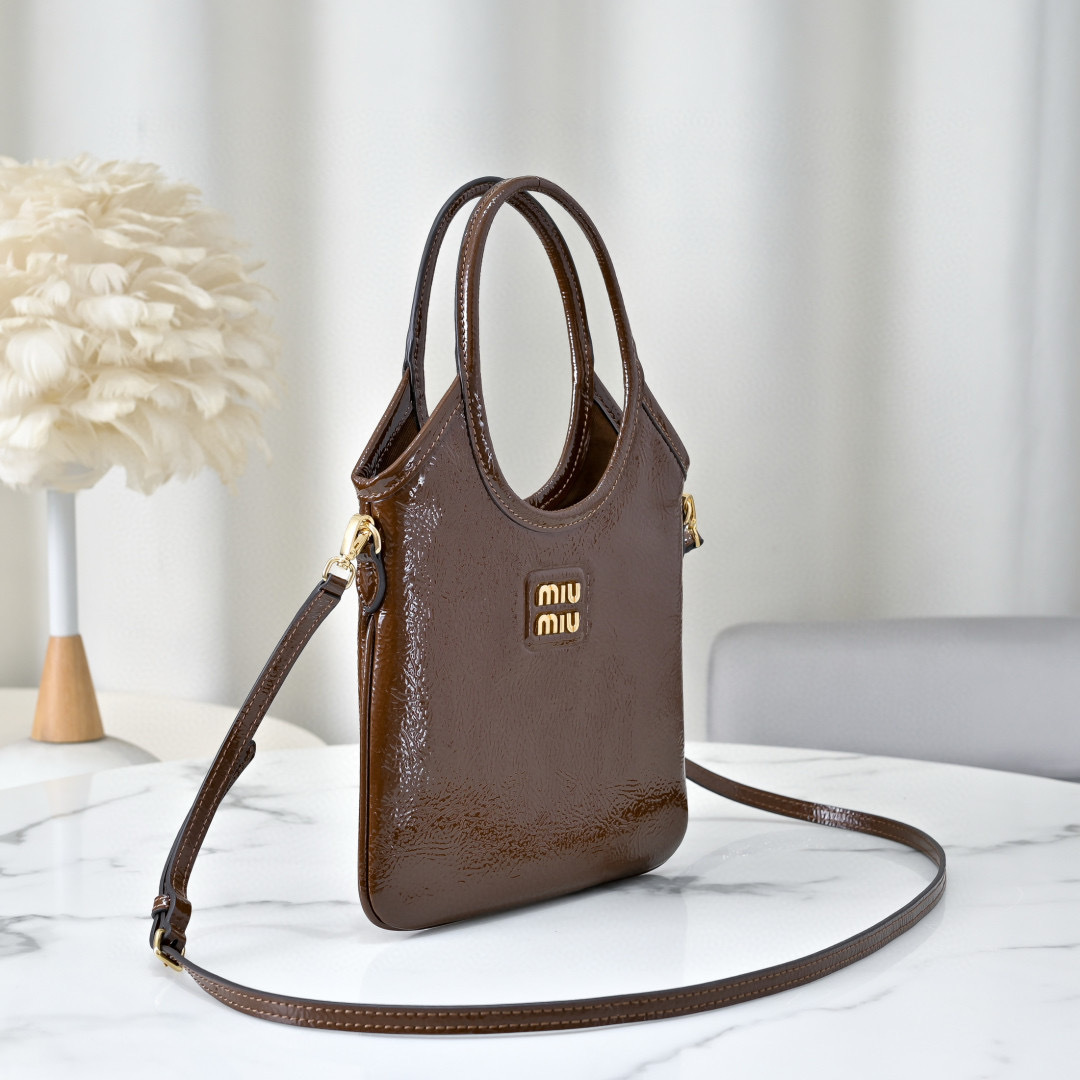 Miu Miu Brown Patent Leather Top Handle Mini Tote Bag