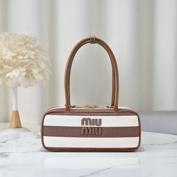Miu Miu Brown & White Striped Canvas Mini Tote Bag