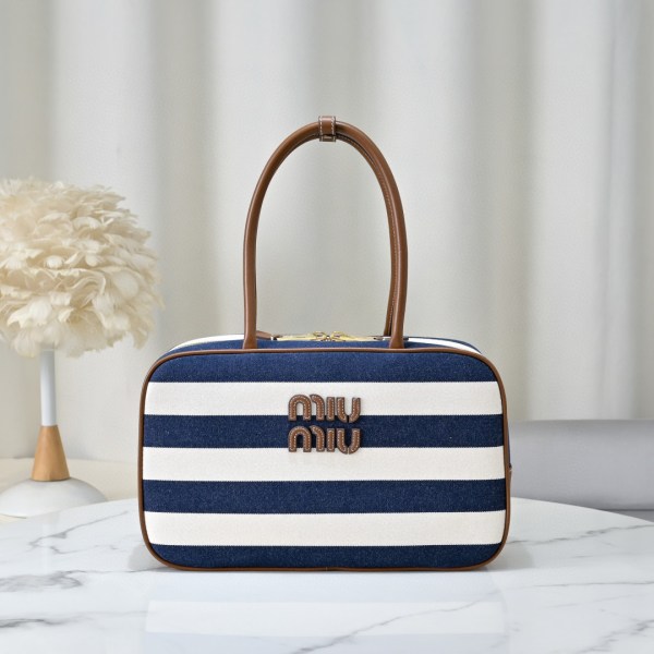 Miu Miu Navy Striped Canvas Top Handle Tote Bag 34x21x12 cm