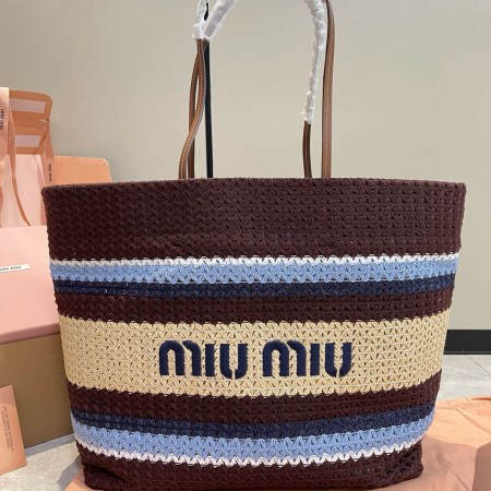Miu Miu Raffia-Effect Striped Woven Tote Bag in brown, blue, and natural with leather handles, logo front, and spacious interior, size 40 x 34 x 16 cm.