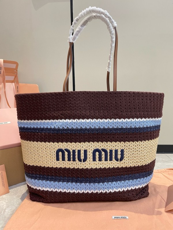 Miu Miu Raffia-Effect Striped Woven Tote Bag in brown, blue, and natural with leather handles, logo front, and spacious interior, size 40 x 34 x 16 cm.