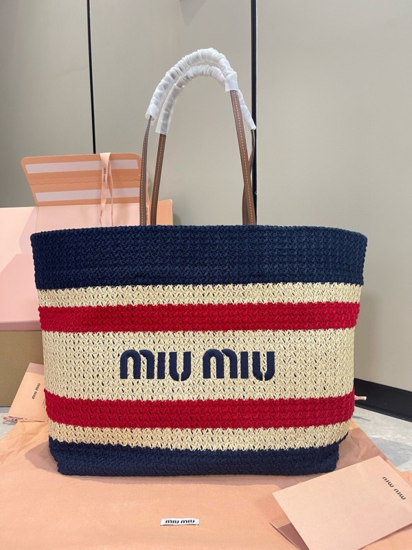 Miu Miu Raffia-Effect Striped Woven Tote Bag in navy, red, and natural with leather handles, logo front, and spacious fabric-lined interior, size 40 x 34 x 16 cm.
