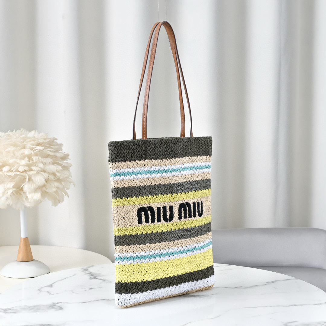 Miu Miu Raffia-Effect Woven Tote Bag in Tundra, Lemon Yellow, and Natural