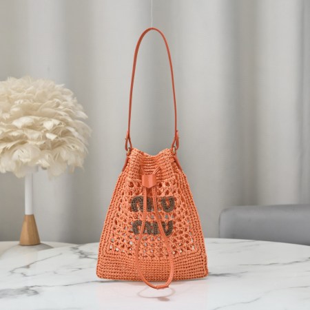 Miu Miu Orange Raffia-Effect Woven Mini Bag with drawstring closure, leather strap, and openwork logo design, size 20 x 23 cm.