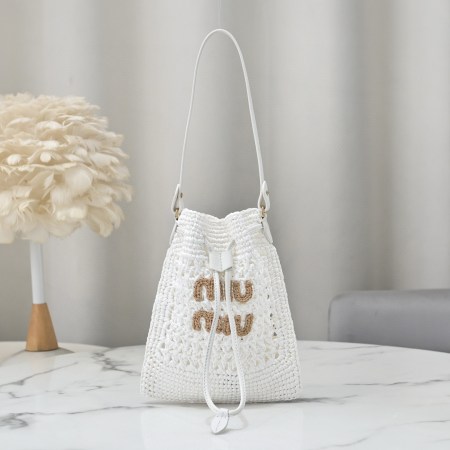 Miu Miu White Raffia-Effect Woven Mini Bag with beige logo, leather strap, and drawstring closure, size 20 x 23 cm.