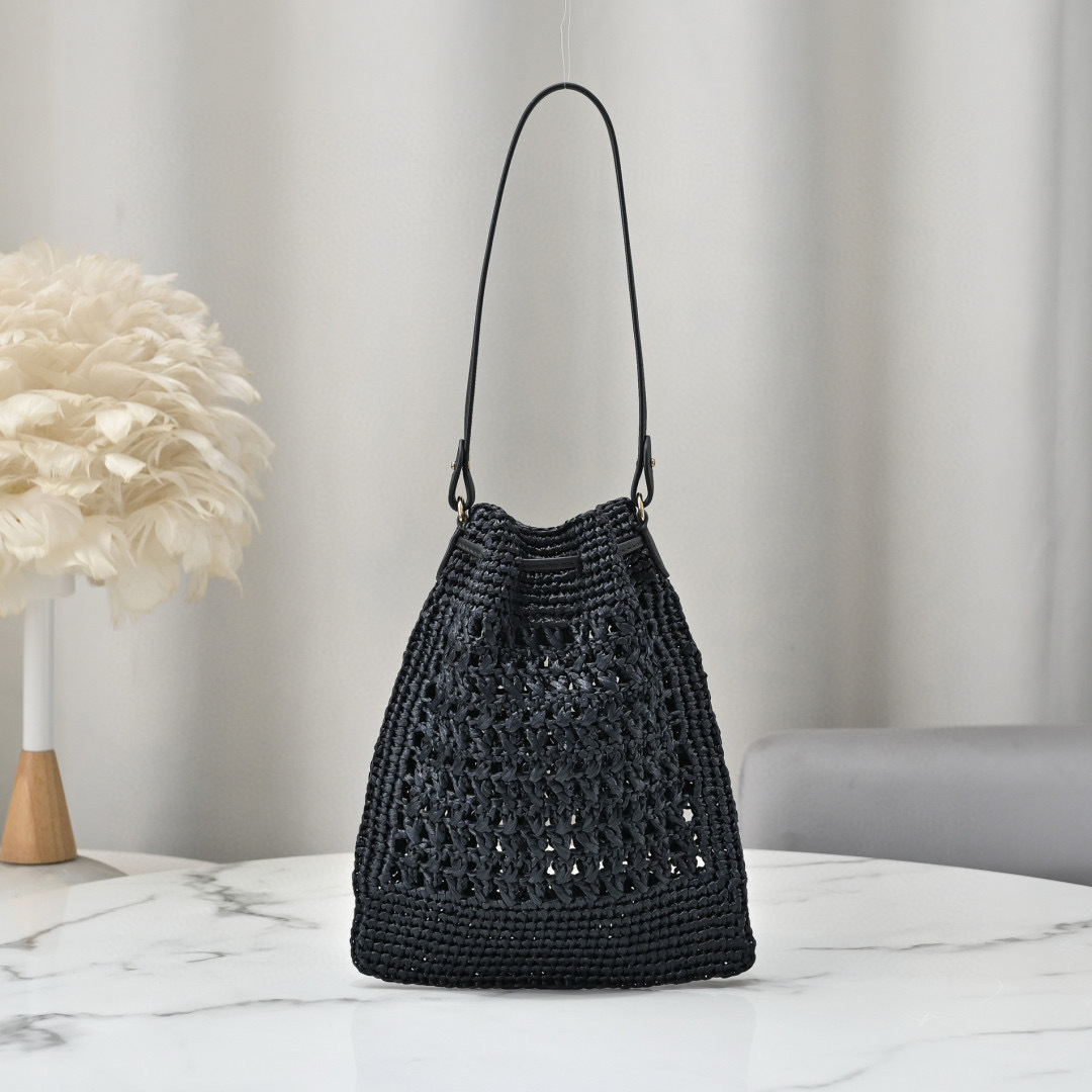 Miu Miu Black Raffia-Effect Woven Mini Bag with beige logo, leather strap, and drawstring closure, size 20 x 23 cm.