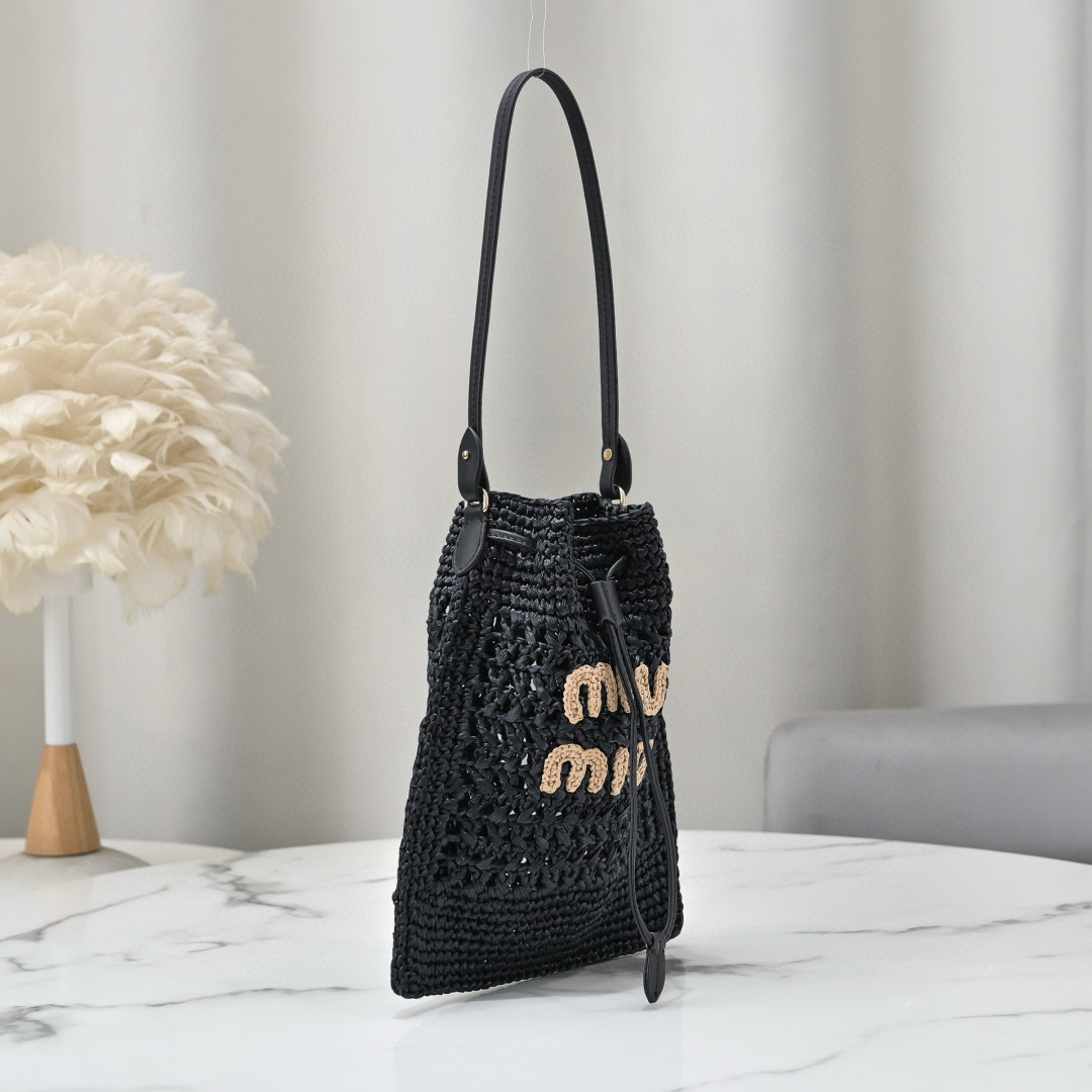 Miu Miu Black Raffia-Effect Woven Mini Bag with beige logo, leather strap, and drawstring closure, size 20 x 23 cm.