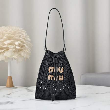 Miu Miu Black Raffia-Effect Woven Mini Bag with beige logo, leather strap, and drawstring closure, size 20 x 23 cm.