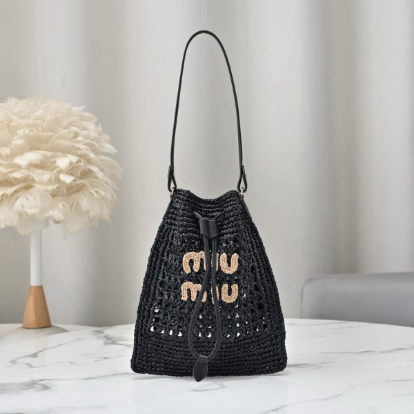 Miu Miu Black Raffia-Effect Woven Mini Bag with beige logo, leather strap, and drawstring closure, size 20 x 23 cm.