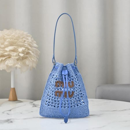 Miu Miu Blue Raffia-Effect Woven Mini Bag with brown logo, leather strap, and drawstring closure, size 20 x 23 cm.