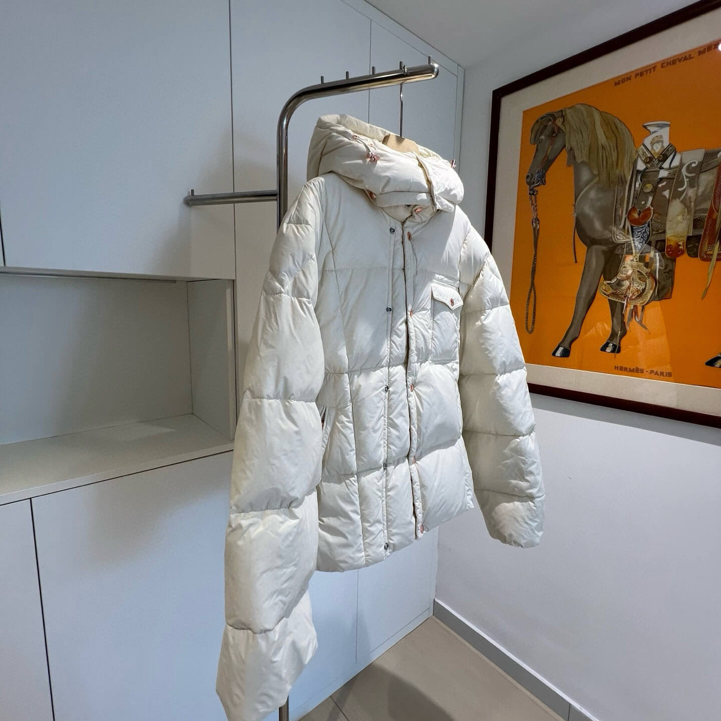 Moncler Serfanto Hooded Short Down Jacket- White Ivory - Image 4