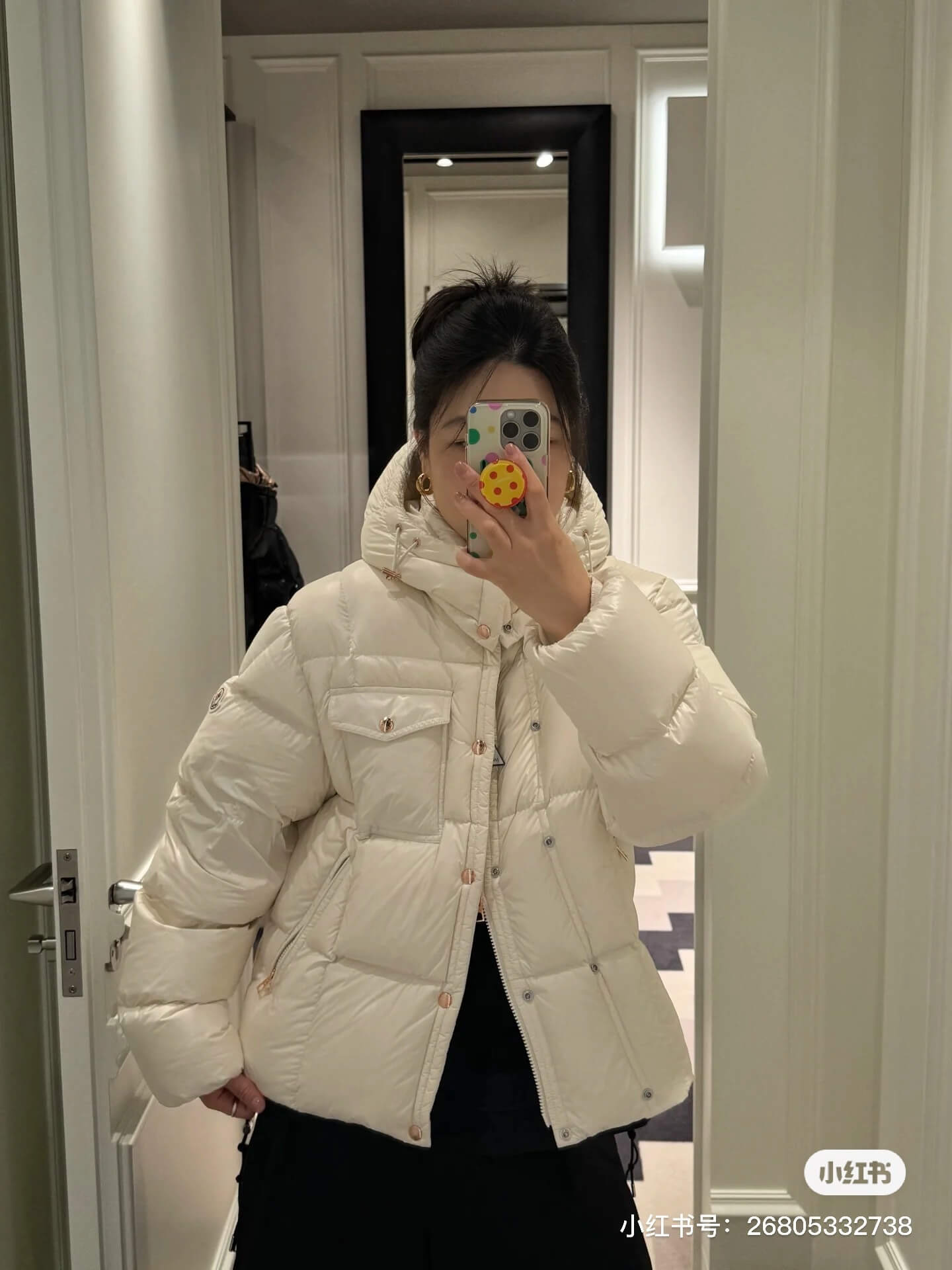Moncler Serfanto Hooded Short Down Jacket- White Ivory - Image 9