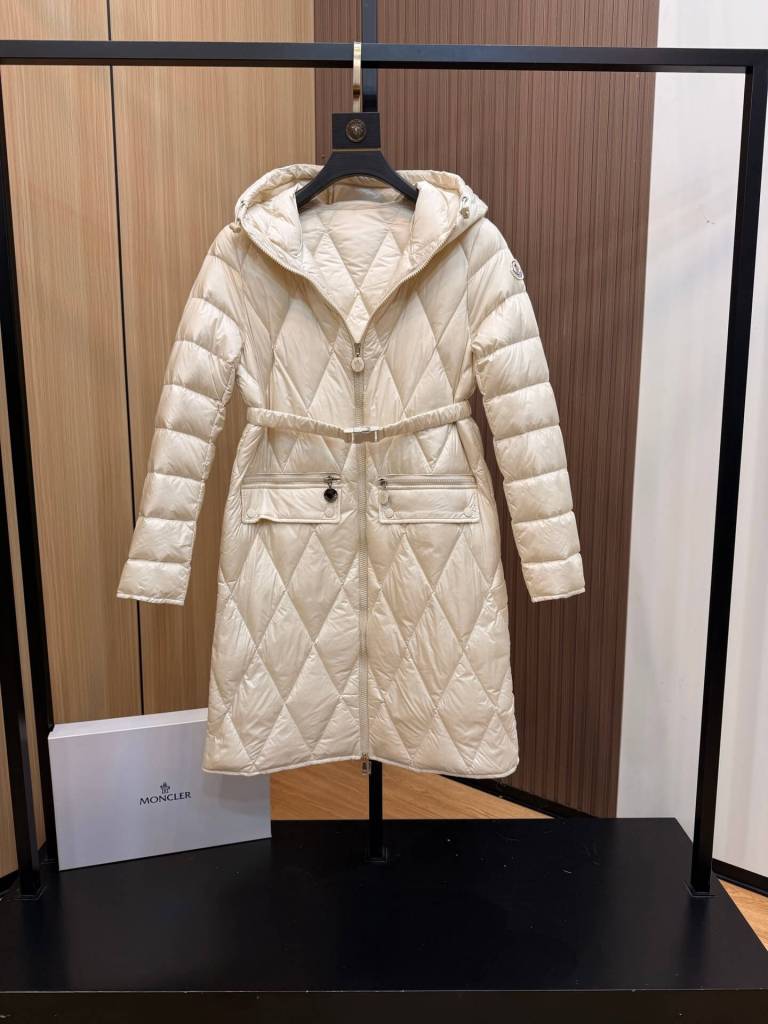 Moncler- Long Belted Down Jacket in Off-White.