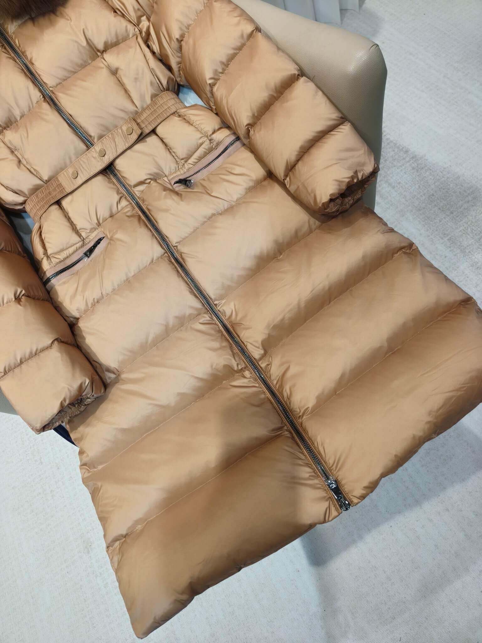 Moncler Boedic Long Down Jacket in Champagne - Image 4