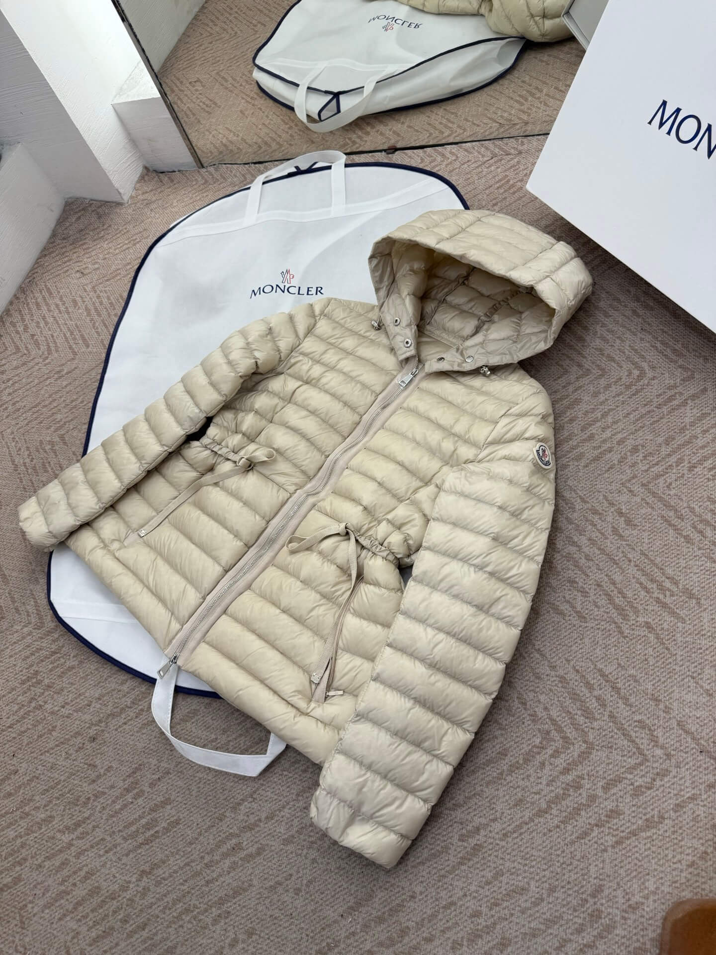 Moncler women's thin hooded down jacket In beige - Image 6