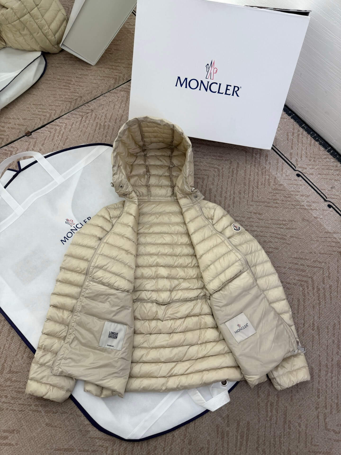 Moncler women's thin hooded down jacket In beige - Image 9