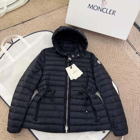 Moncler women's thin hooded down jacket in a navy blue color.