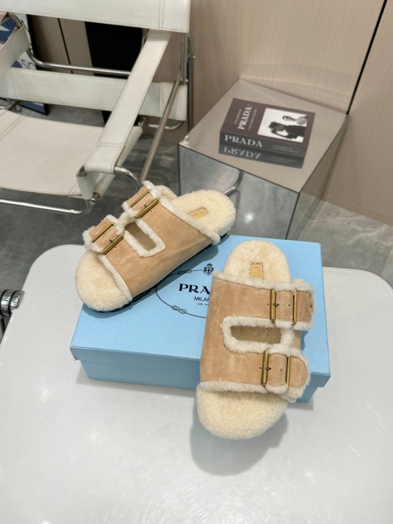 Prada Beige Shearling Suede Double Buckle Sandals