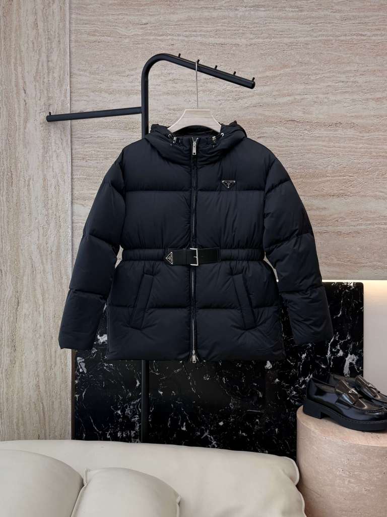 Prada Belted Puffer Women's Hooded Jacket in black.