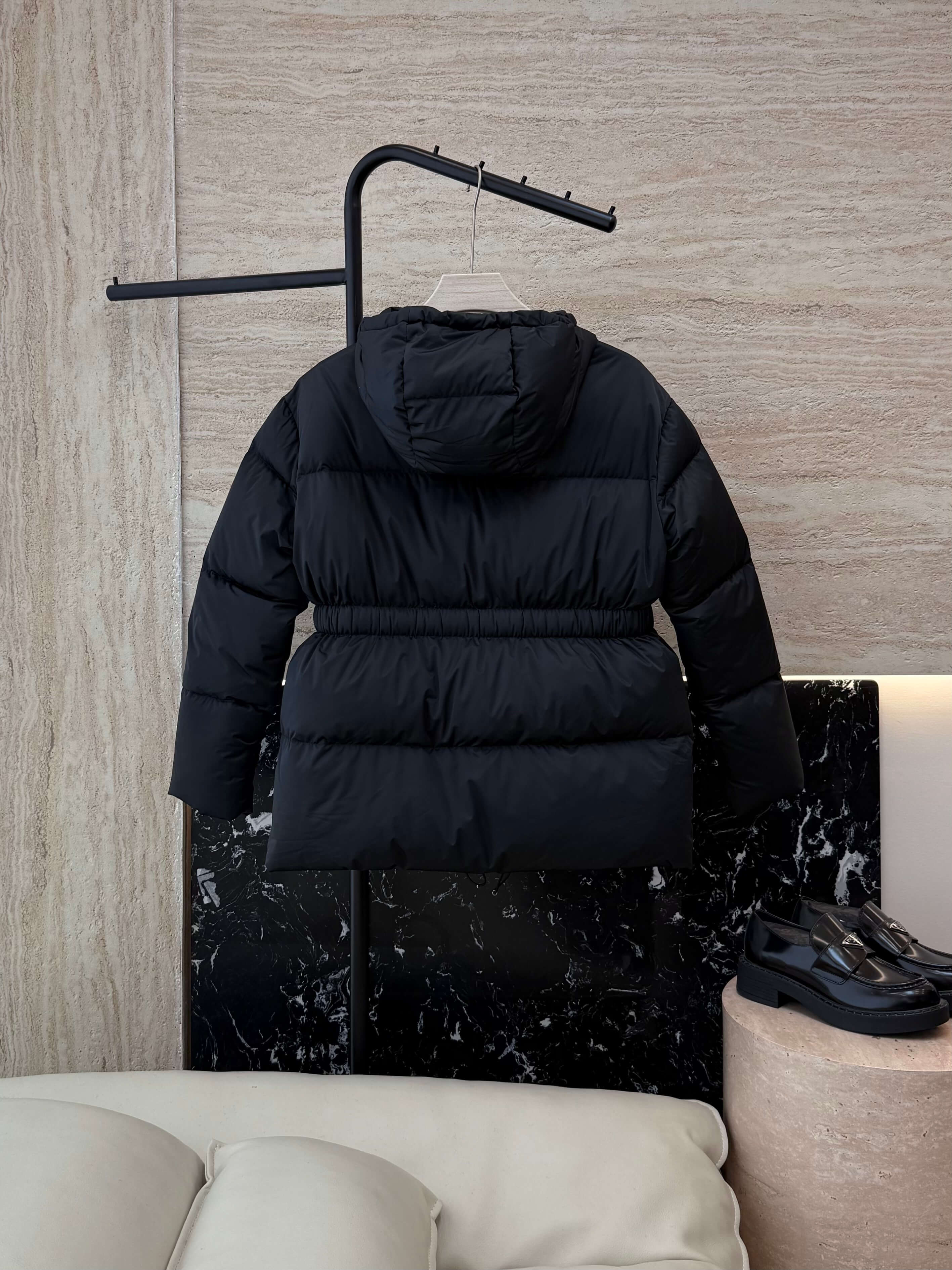 Prada Belted Puffer Women's Hooded Jacket in black. - Image 2