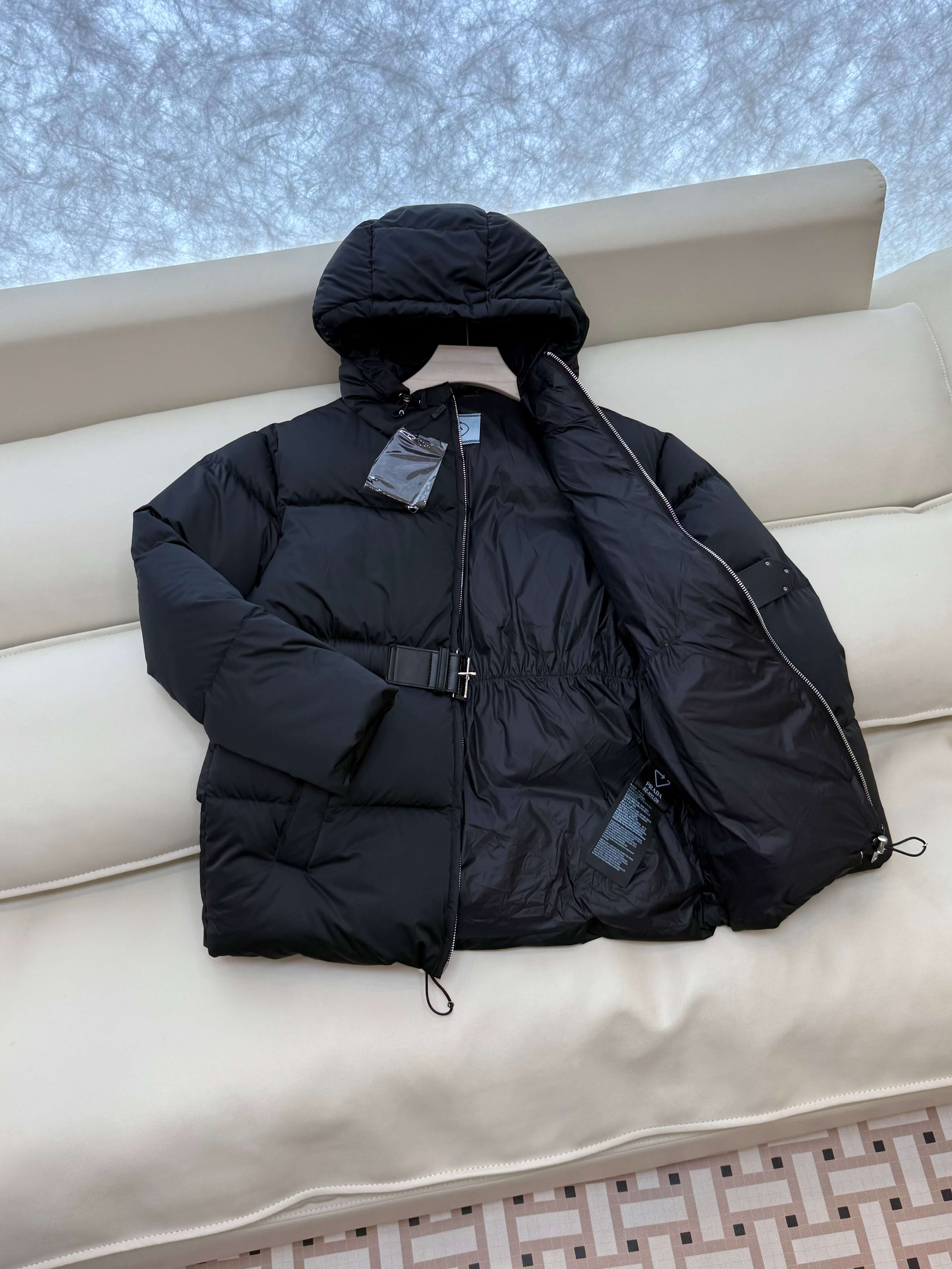 Prada Belted Puffer Women's Hooded Jacket in black. - Image 4