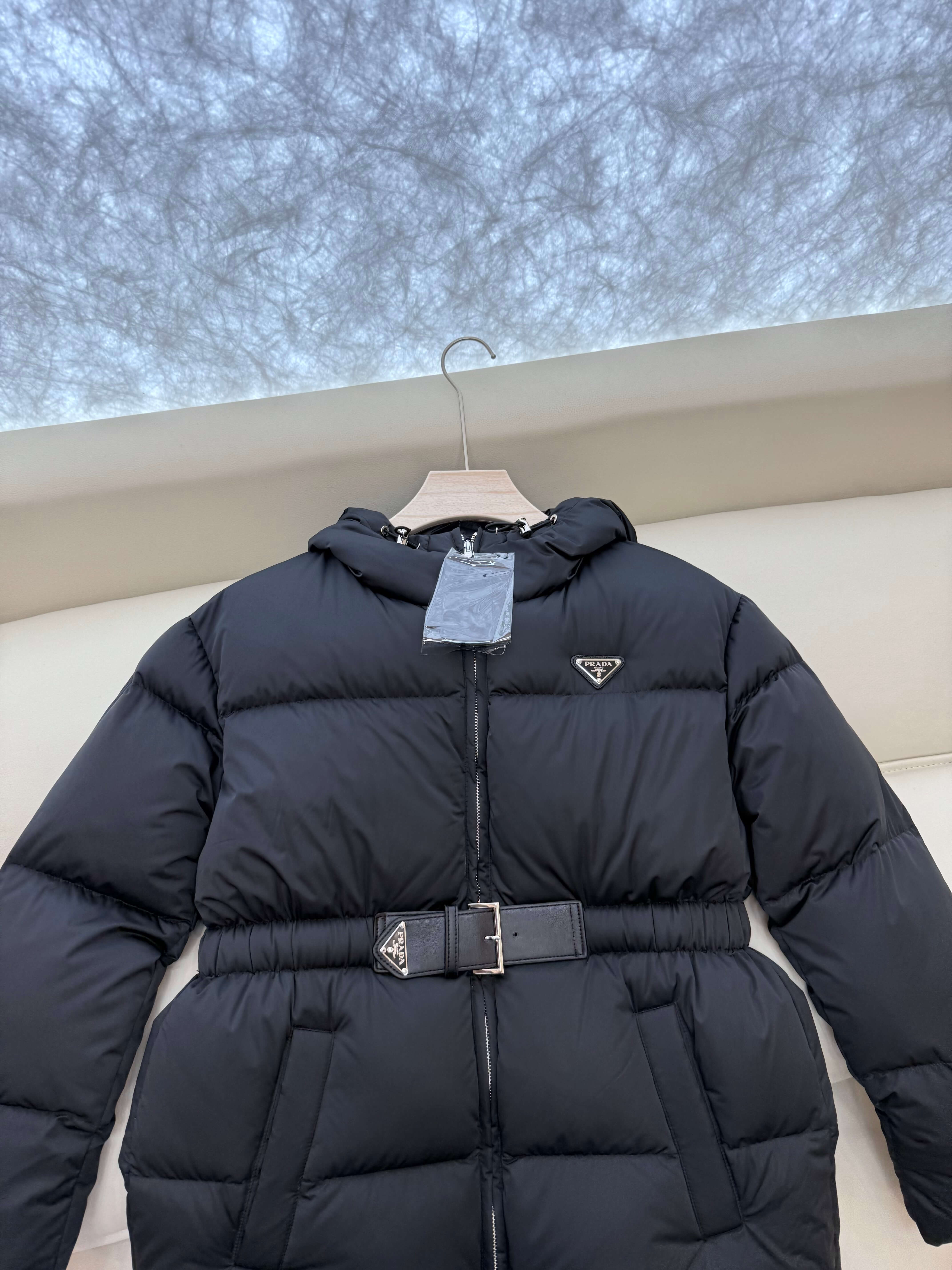 Prada Belted Puffer Women's Hooded Jacket in black. - Image 5