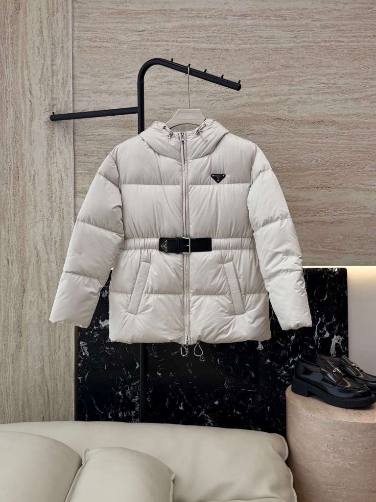 Prada Belted Puffer Women's Hooded Jacket- Off-White