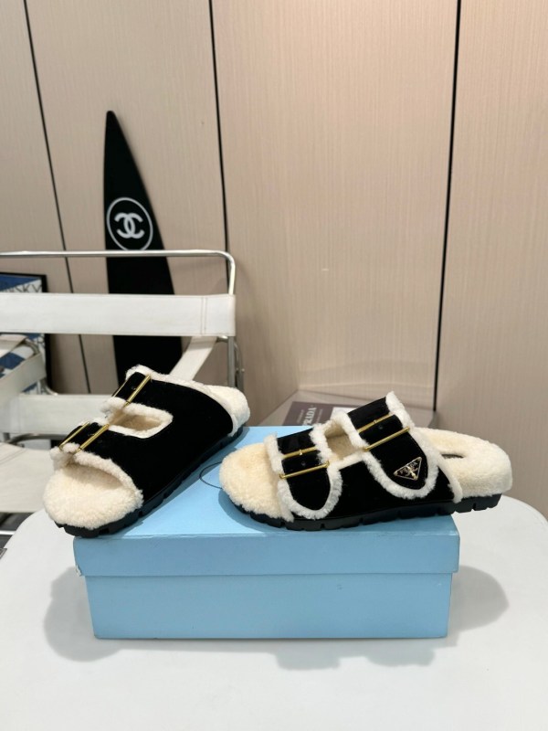 Prada Black Shearling Lined Suede Buckle Sandals