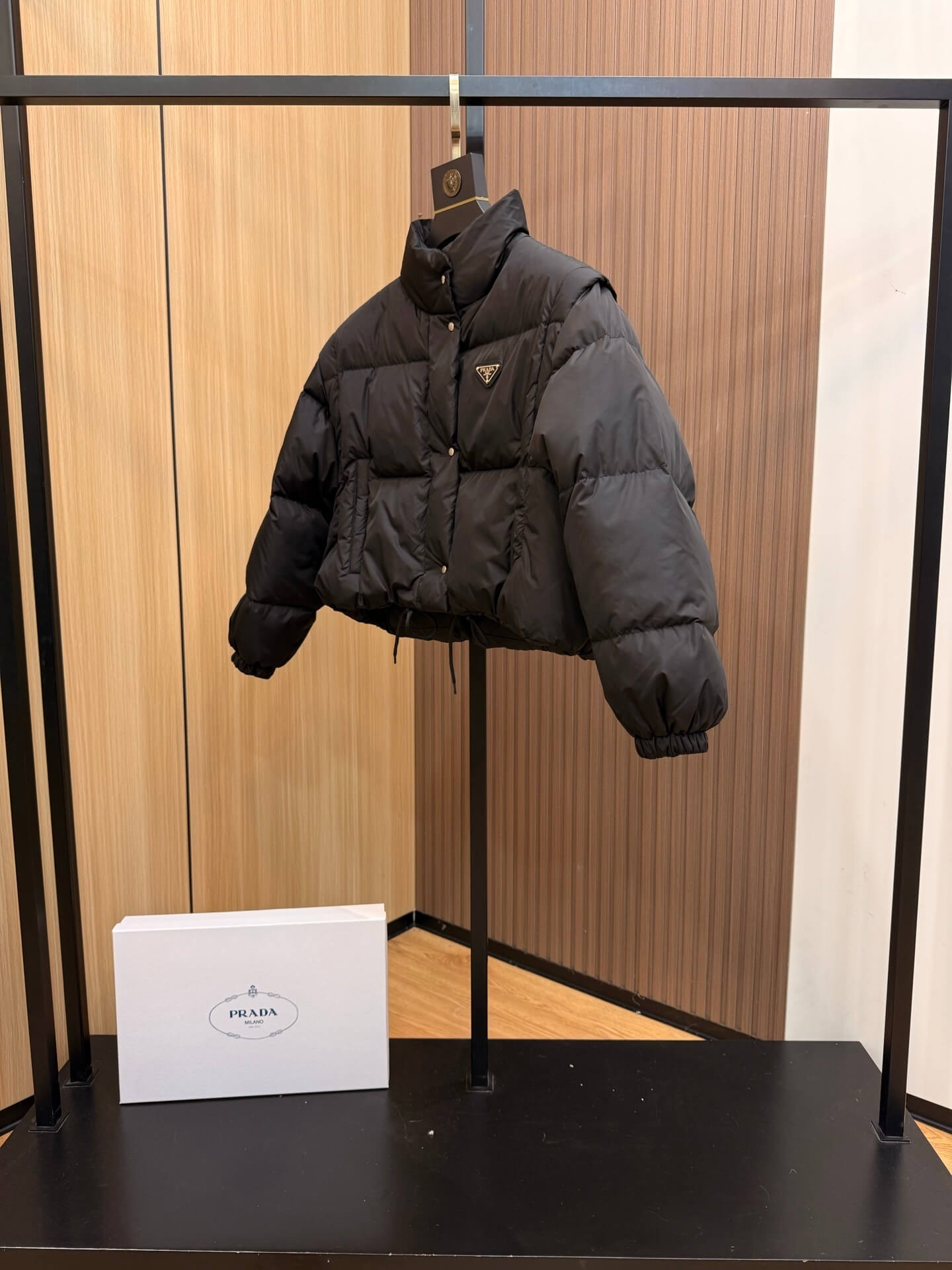 Prada Removable Sleeve Down Jacket in black. - Image 2