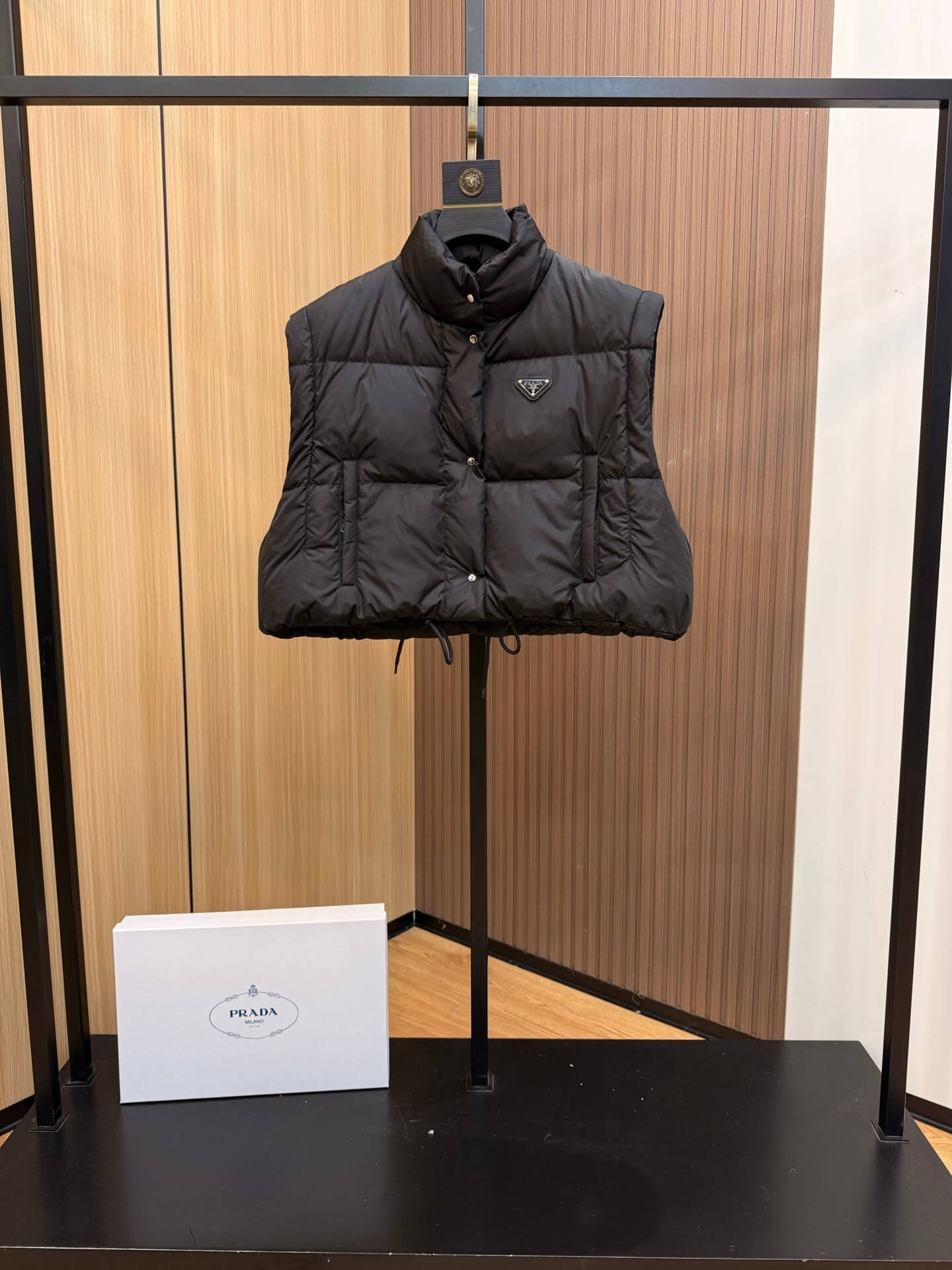 Prada Removable Sleeve Down Jacket in black. - Image 9