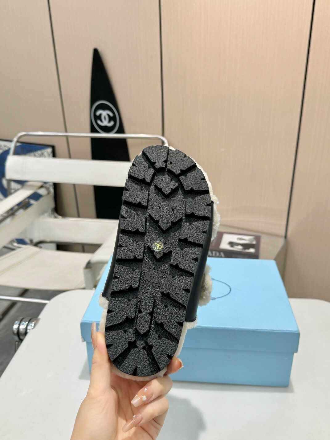 Prada Black Leather Shearling Buckle Sandals - Image 2