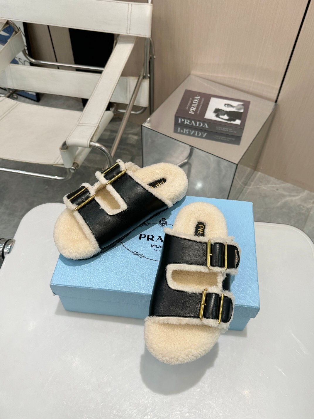 Prada Black Leather Shearling Buckle Sandals - Image 11