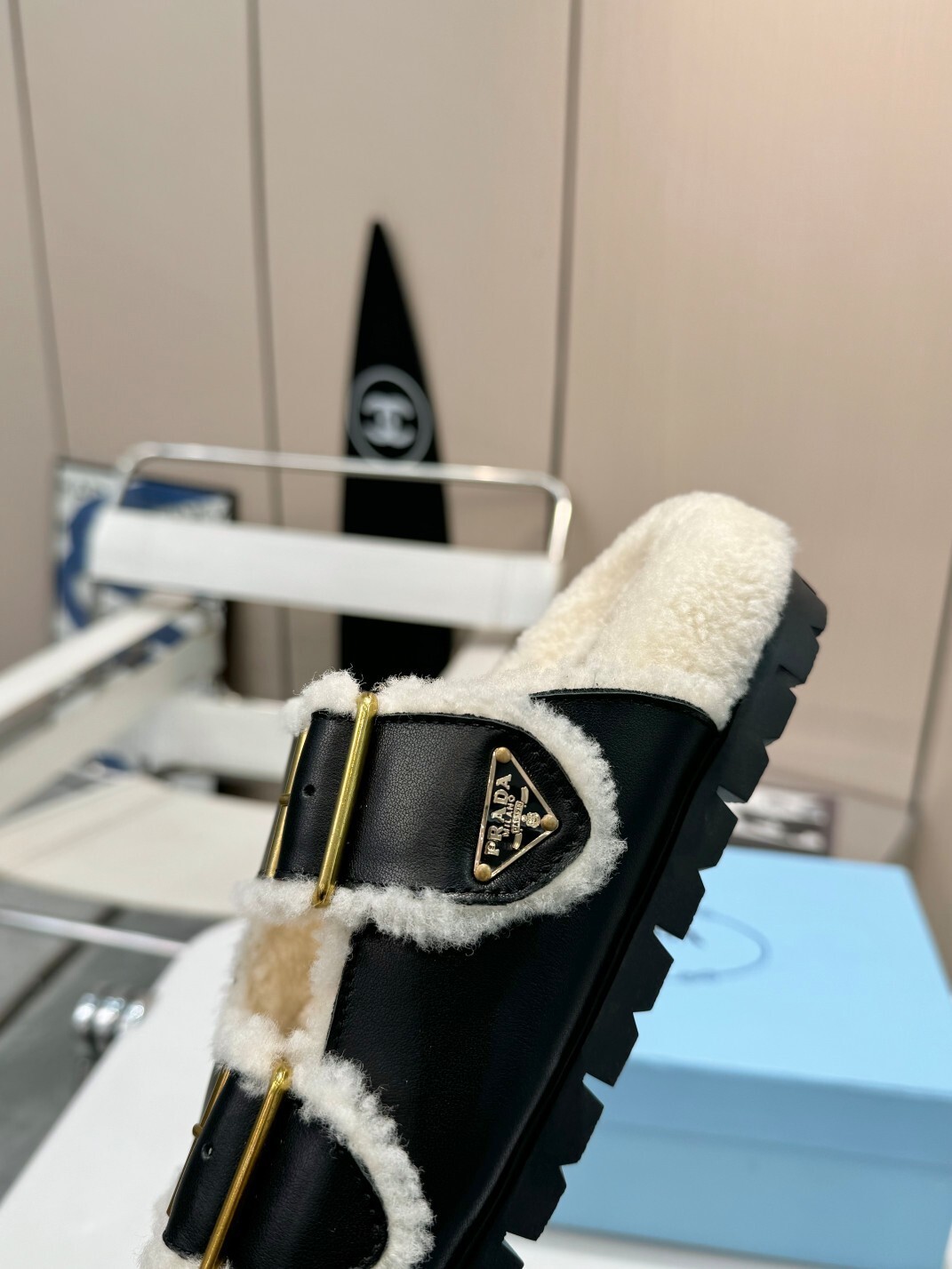 Prada Black Leather Shearling Buckle Sandals - Image 5