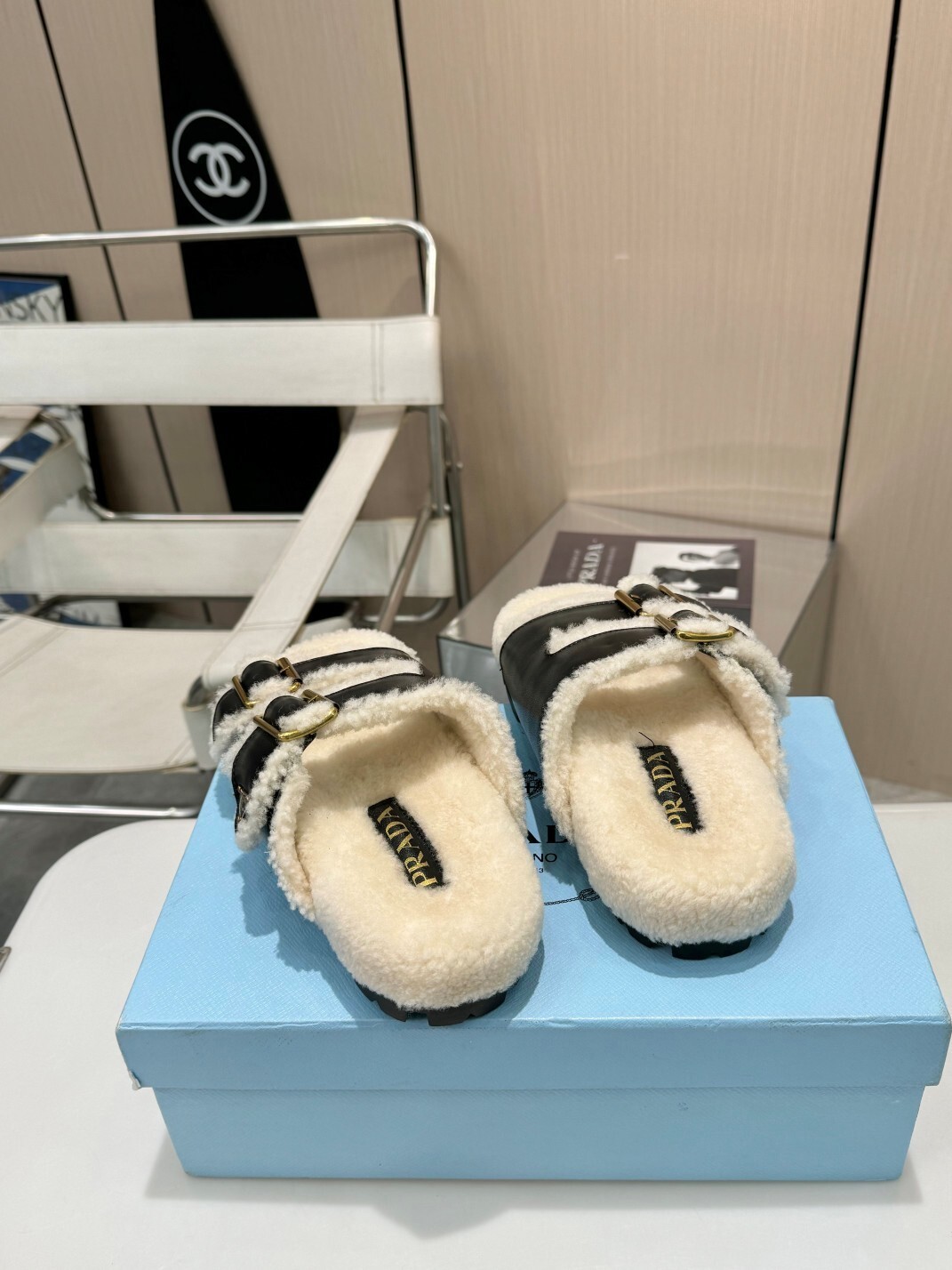 Prada Black Leather Shearling Buckle Sandals - Image 6